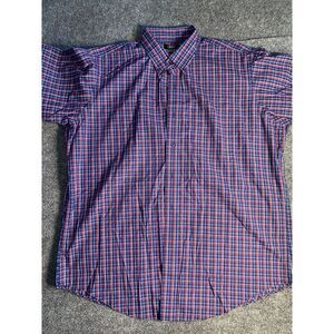 Berkley Jensey Shirt Mens XL Blue Plaid Wrinkle Free Cotton Collared Button Down